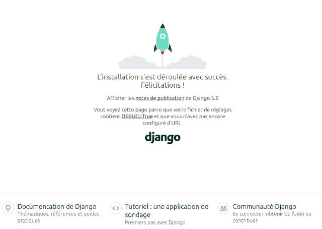 page d'accueil de django indiquant que l'installation est réussie